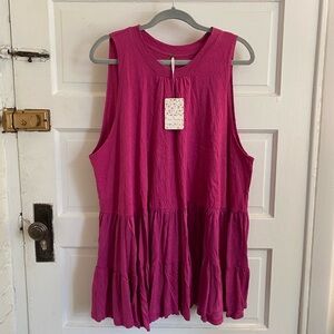 NWT Free People Fuchsia Jungle Flower Gathered Top Flowy Dress Size Large